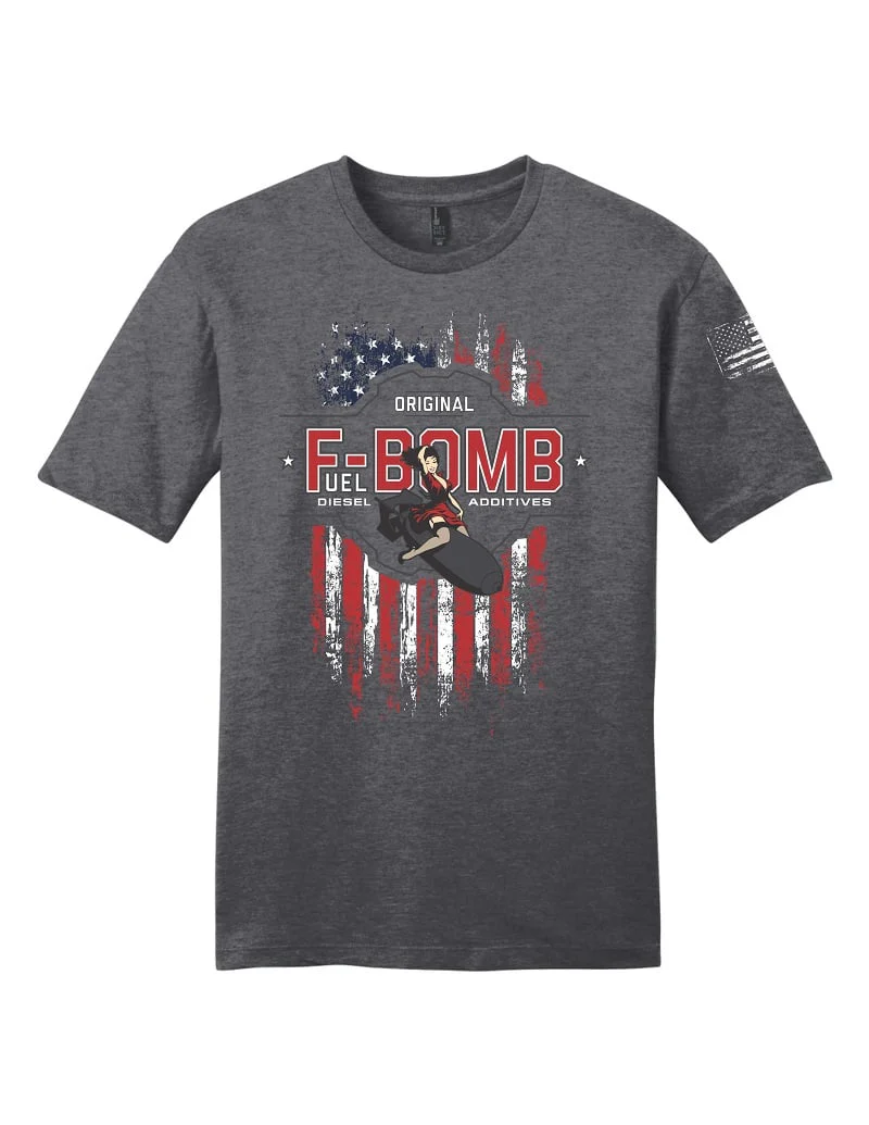 F-Bomb Diesel Additive Pin-Up With Flag Background Grey T-Shirt